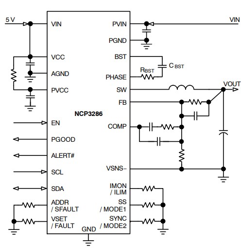 Application Circuit Diagram - onsemi NCP3286 Stackable Synchronous Buck Regulator